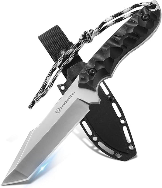 Tanto Fixed Blade Knife with Sheath, 5.04" Blade in 5Cr14moV Steel, Tactical Knife for Men, Survival Knife with G10 Handle,Full Tang Design (F- Black- Sliver)