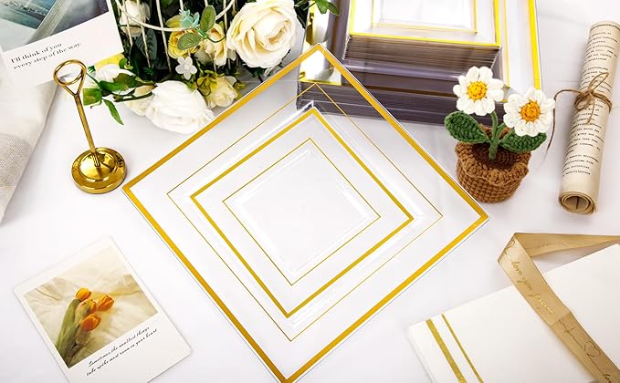 Festiva 176Pcs Clear and Gold Plastic Plates - Square Clear Plates with Gold Trim - Dinnerware Set for 25Guest include Cups Cutlery Napkins for Thanksgiving Party&Wedding&New Year