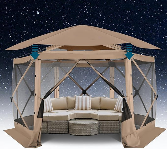 COBlZl Pop Up Gazebo 12x12 Screen House Tent for Camping, Outdoor Instant Stargazing Gazebo Canopy with Awning 2.0, Portable Hub Tent with Mosquito Netting, Pavilion for Backyard,Khaki
