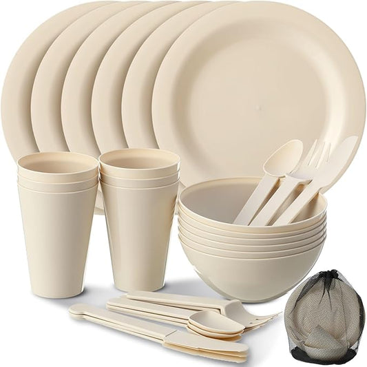 LemonRoad 6 Set College Dorm Dishes Essential Kit, Plates and Bowls Back to School Beige Room Dishes Set with Storage Mesh Bag Cup, Microwave Dinnerware Picnic for RV Camping
