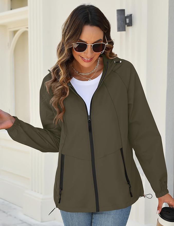 Avoogue Rain Jacket for Women Waterproof Lightweight Windbreaker Jacket with Hood Packable Raincoat with Pockets S-3XL