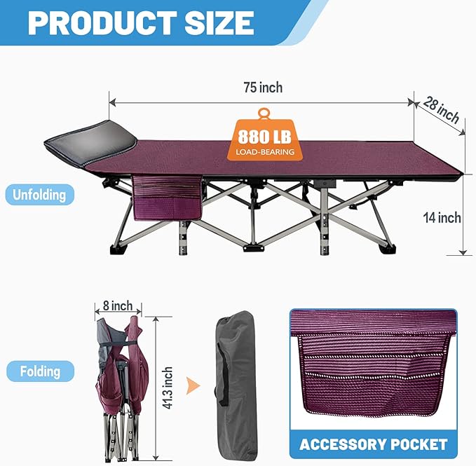 DoCred Folding Camping Cot with Mattress, 2 Pack Heavy Duty Folding Cot for Adults, Portable Sleeping Cot Bed Adults Outdoor Bed with Carry Bag, Travel Camp Cots