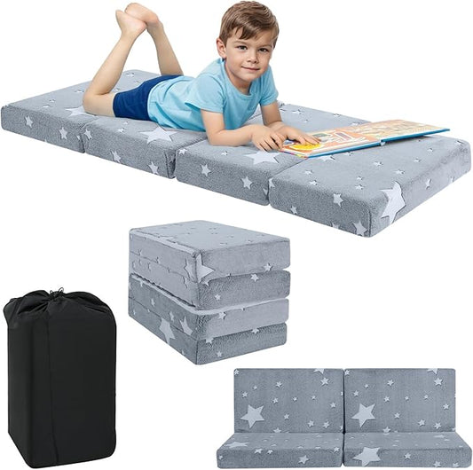 MeMoreCool Foldable Floor Mattress for Kids, Glow Toddler Nap Mat for Sleeping and Daycare, Portable Trifold Futon Mattress Floor Bed, Star