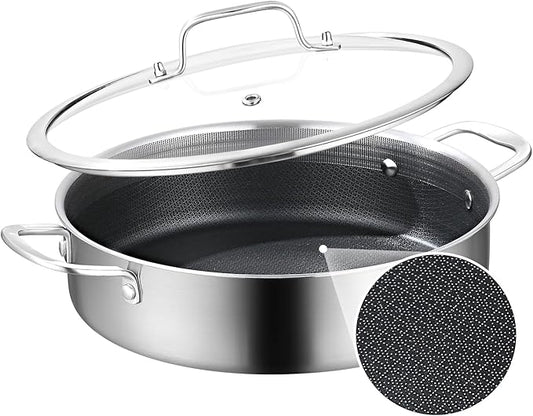 DELARLO Tri-Ply Stainless Steel 5.5QT Saute Pan With Lid Nonstick 12 Inch Deep Frying Pan Double handle, Induction Large Skillet Cooker Pan Dishwasher & Oven Safe