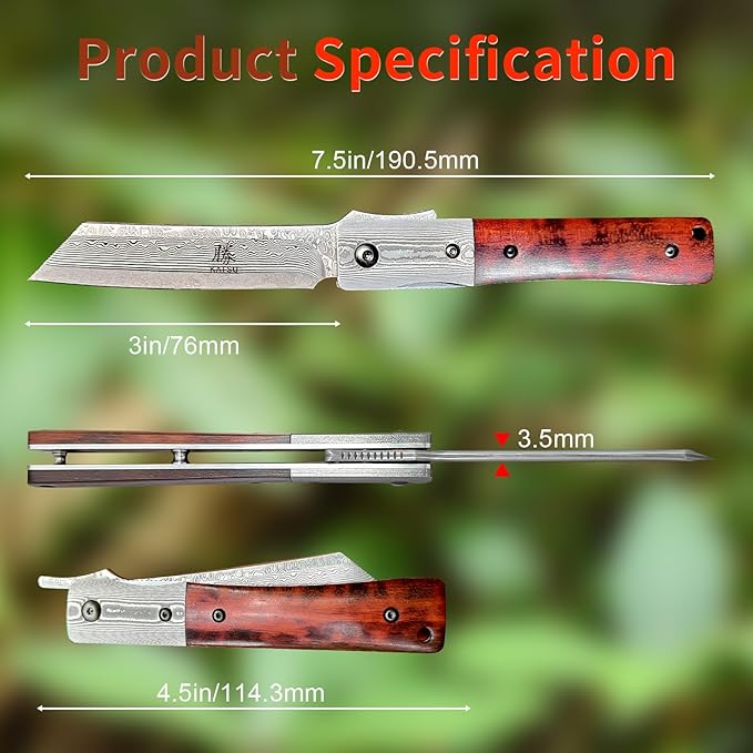KATSU Handmade Damascus Pocket Knife Wood Handle, Japanese Razor Folding Knives for Men Linner Lock,Snake Wood Damascus Blade Flipper Knife with Leather Sheath Camping Hiking