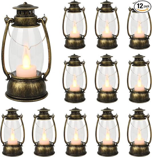 12Pcs Mini Lantern for Halloween Decor, 6Inch Small Lanterns for Western Garden Camping Party Decorations, Vintage Candleholders Table Centerpiece, Forest Christmas Wedding Decorations (Brass)