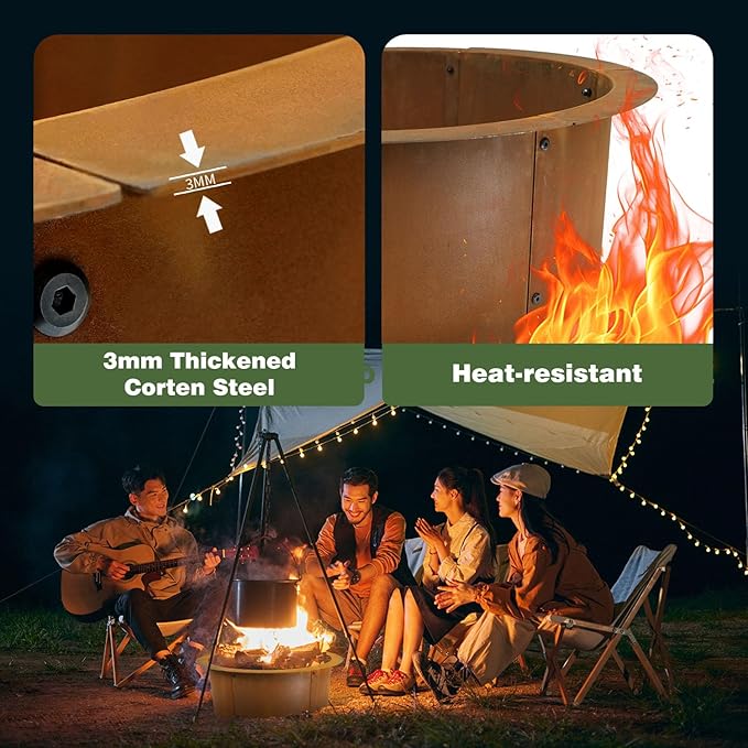 Outdoor Fire Pit Ring-27.5" Outer 23.6" Inter-Round Fire Pit Insert-Corten Steel Firepit Liner Heavy Duty Metal Camping Fire Ring Above or In-Ground for Backyard Garden Bonfire