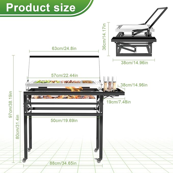 Charcoal Flip Grill for BBQ, Black Barbecue Grills for Outdoor Camping, Portable Tabletop Charcoal Grill with 360 Degrees Reversible Cooking Grid Removable Tray Adjustable Steel Frame,