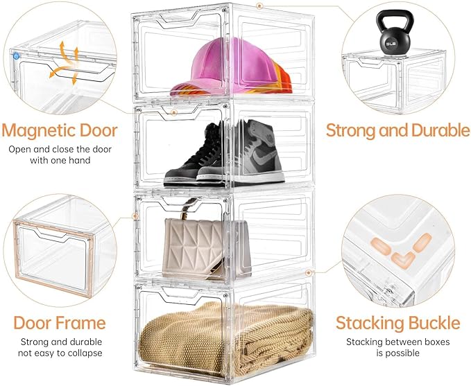 6 Pack Closet Organizers and Storage,Clear Stackable Plastic Storage Bins with Lids Magnetic Doors,Clothes Organizers and Storage,Plastic Craft Containers for Wardrobe Kitchen Bathroom Office