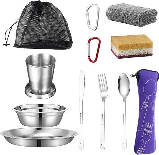 Scout Camping Mess Kits Stainless Steel Utensils Camping Dinnerware Kit Boy Scout Dishes Set Girl Scout Mess Kit with Mesh Bag Camping Cutlery Set Travel Trip School Camp Easy to Carry Clean
