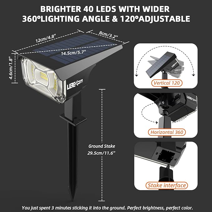 Solar Spot Lights,IP65 Waterproof 40 LED's Landscape Spotlights,3 Modes Outdoor Garden Lights, 360 Adjustable Lighting Angle, Solar Powered Wall Lights for Yard Porch 10 Pack