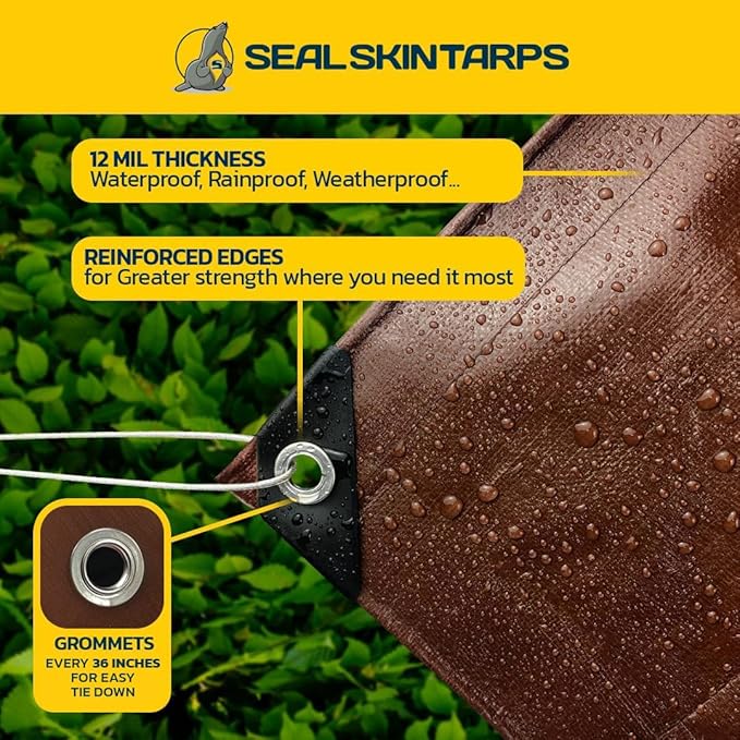 Seal Skin Covers Heavy Duty Waterproof Tarp 6x8 FT, 12 Mil 8 OZ 120 GSM Thick Brown Poly Tarp with Rustproof Grommets, Tear-Proof Cover with Reinforced Edges for Camping, Pool, Canopy Use