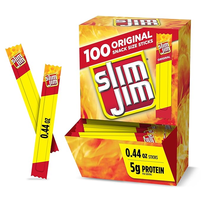 Slim Jim Smoked Meat Sticks, Original Flavor, 2g Protein Per Stick, Snack Size, Lunchbox Snack, 0.44 oz. (100 Count)