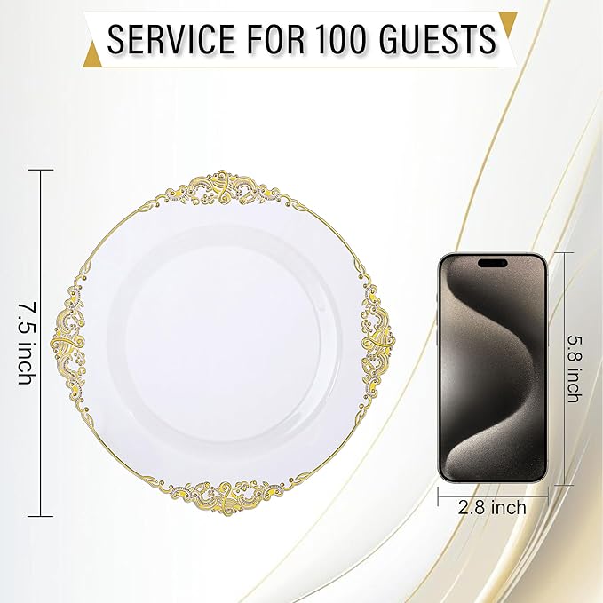 Nervure 100PCS Clear and Gold Plastic Plates - 7.5inch Clear Disposable Plates - Heavyweight Gold Plastic Plate - Dessert Plate for Wedding & Party & Thanksgiving