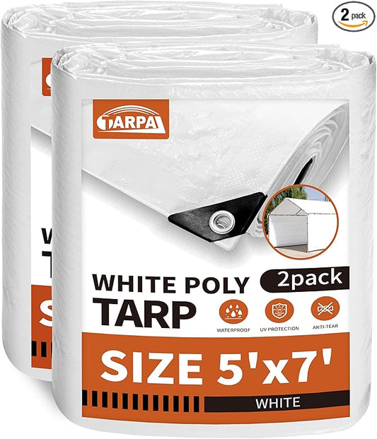 TARPAL 5'x 7' Tarp White Tarp Waterproof 7.5 mil(2-Pack) Medium Duty All Purpose Poly Tarps Cover Waterproof,Snow Proof UV Protection,Rip and Tear Proof,Poly Tarpaulin
