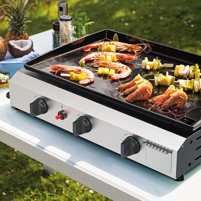 3 Burner BBQ Gas Griddle, 25.6 Inch Stainless Steel Tabletop Portable Propane Griddle, 30,000 BTU Flat Top Grill for Camping