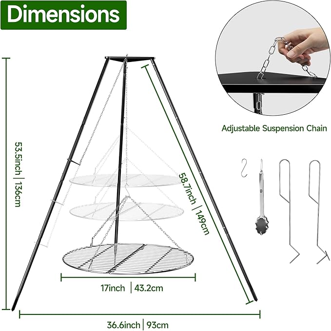 Campfire Tripod for Cooking, Portable & Collapsible Camping Cooking Tripod Grill with Round Grate for BBQ Picnic Outdoor Cookware Party
