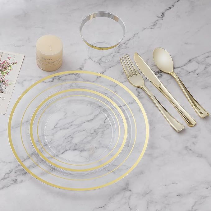 300PCS Plastic Dinnerware Set (50 Guests), Clear Gold Disposable Plates for Party, Wedding, Christmas, Anniversary, Includes: Dinner Plates, Dessert Plates, Cups, Spoons, Forks and Knives