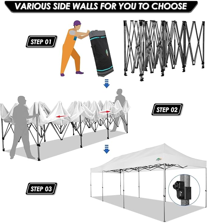 COBIZI 10x30 Pop up Canopy Tent with Sidewalls, Heavy Duty Party Tent Tents for Parties, Foldable UPF 50+ Waterproof Commercial Easy up Canopy with Roller Bag, White(Windproof Upgraded)