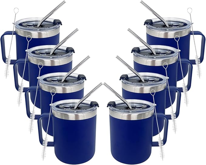 8pack 12oz Coffee Mug With Handle Bulk, Stainless Steel Insulated Travel Tumblers With,Double Wall Vacuum Camping Cup for Hot & Cold Drinks Tea (navy)