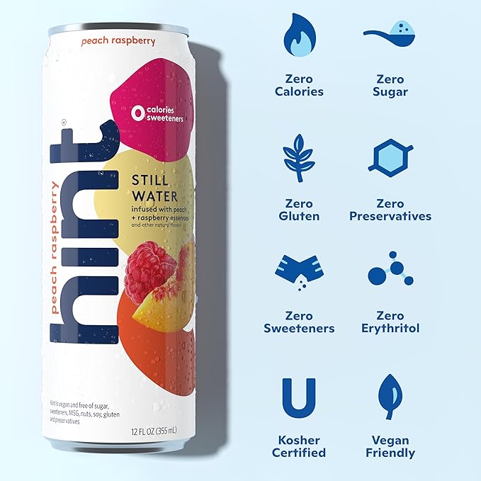 Hint Canned Water, Peach Raspberry - Purified Flavored Water with Zero Calories, Natural Flavors, and Sugar Free - 12 Fl Oz Cans (Pack of 12)