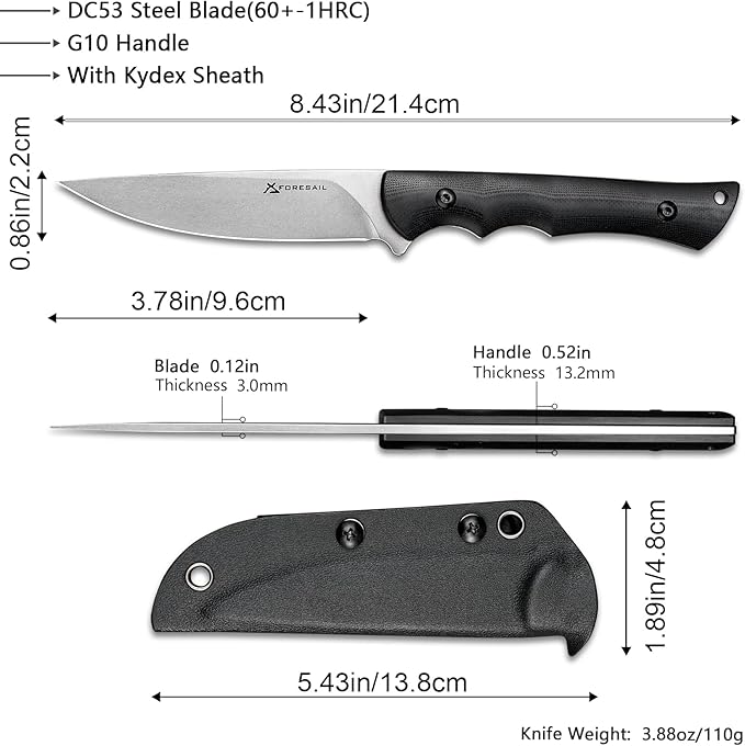 Fixed Blade Knife,3.86inch DC53 Steel Blade and G10 Handle,with Kydex Sheath,Fixed Blade EDC Tactical Knife for Men Women, Outdoor Hunting Hiking Survival Camping Knives.