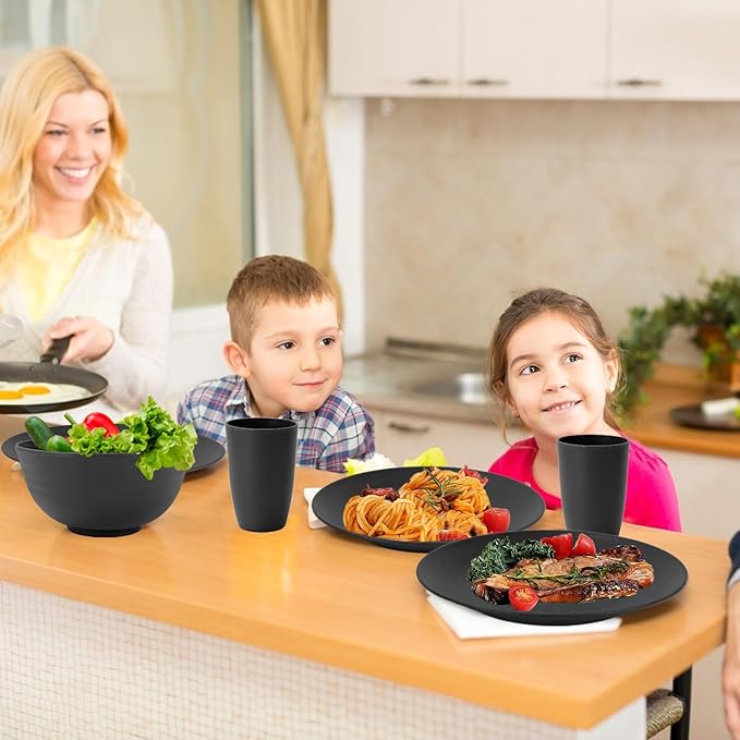 40 Pieces Plates and Bowls Sets, Wheat Straw Dinnerware Sets for 8, Dinner Plates, Cereal Bowls and Drinking Cups, Unbreakable and Reusable Plastic Dinnerware Sets (Black)