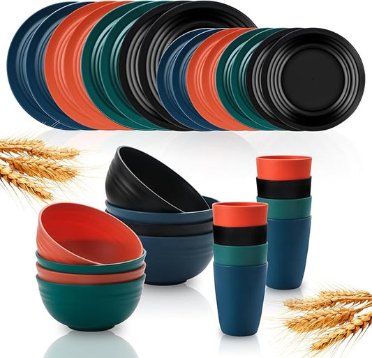 32 pcs Wheat Straw Dinnerware Sets Kitchen Plates and Bowls Sets for 8 Plastic Plates Reusable Dishes Set Outdoor Camping and Dinning Essentials Dishwasher Safe