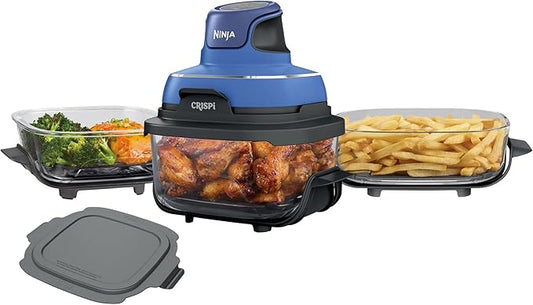 Ninja Crispi 5-in-1 Portable Glass Air Fryer Cooking System, 1500W, 6-Cup, 4-Quart & 2.5-Quart TempWare Containers With Lids, Microwave, Freezer & Dishwasher Safe, Blue, FN103CO