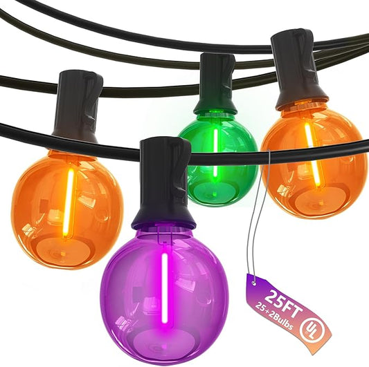 SUNSGNE 25FT Globe Outdoor Halloween String Lights G40 LED String Lights with 27 LED Shatterproof Clear Orange Green Purple Bulbs(2 Spare) for Patio Balcony Backyard Pergola Decor