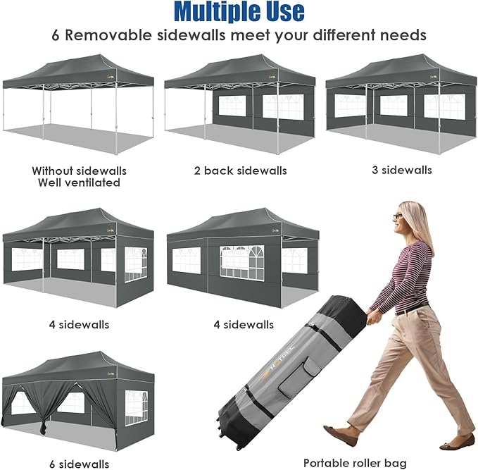 HOTEEL 10x20 Pop up Canopy Tent for Parties, Heavy Duty Easy Setup Tent with 6 Sidewalls, Outdoor Commercial Instant Gazebo for Wedding Event, with Roller Bag & Sand Bags, Grey(Hexagonal Frame)