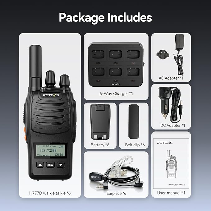 Retevis H777D Long Range Walkie Talkies with Earpiece, LCD Screen, Portable FRS Two-Way Radios, USB-C, 6 Way Gang Charger, Handheld Walkie Talkie for Hotel Church Retail(6 Pack)