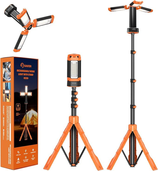 Saker Portable Camping Light with Stand 73.2" Rechargeable Work Light 800/3200 Lumen 4000/6500K Dimmable Emergency Flashlight for Garage, Outdoor Work, Power Outages, Fishing LD10 Orange