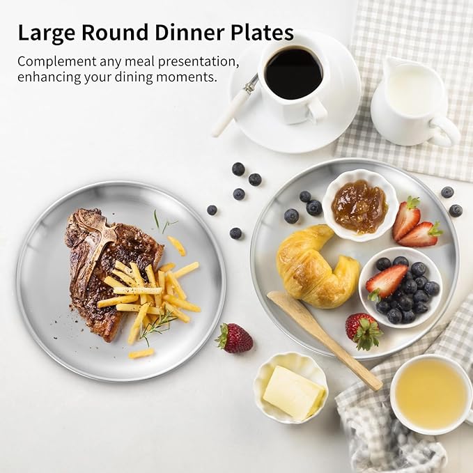 OMISTAR 16 Pcs Stainless Steel Dinner Plates, Reusable Brushed Metal Plates, 9 inch Round Dinner Dishes, Serving Plates for Main Dishes, Unbreakable Kitchenware, Dishwasher Safe