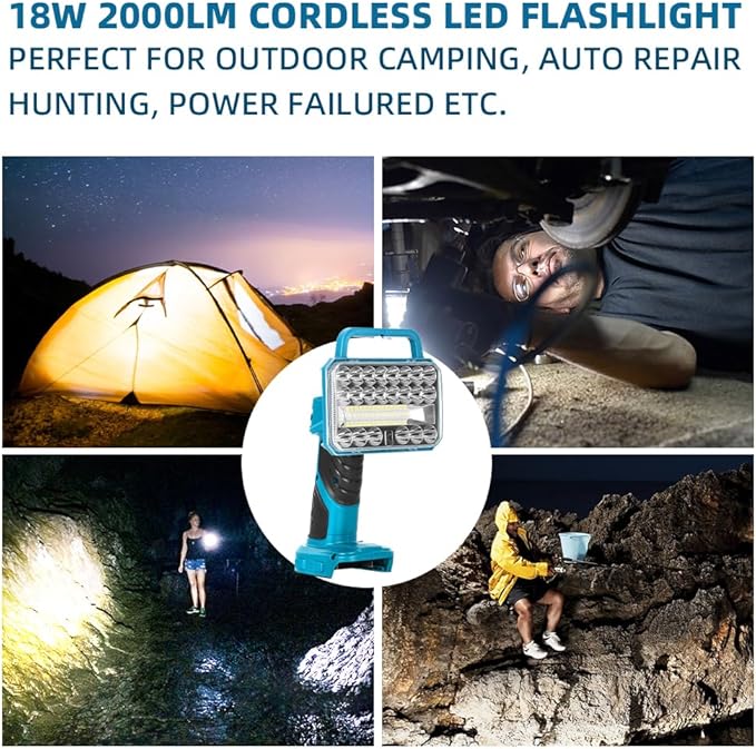 18W Cordless LED Flashlight for Makita 18V Lithium-ion Battery, 2000LM Handheld Work Light with USB Charger Port for Camping, Hiking, Climbing, Job Site, Indoor & Outdoor Use