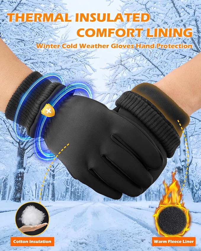 Winter Waterproof Gloves for Women: Water Proof Touch Screen Gloves for Men Running Hiking, Cold Weather Touchscreen Gloves for Phone Texting, Warm Snow Water Resistant Thermal Gloves Black