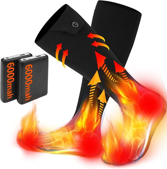 Electric Heated Socks for Men Women with 5V 6000mah Battery Foot Warmer 360° Toe Heating Electric Socks with 4 Levels Heat Settings Suitable for Outdoor Skiing, Winter Camping, Hiking