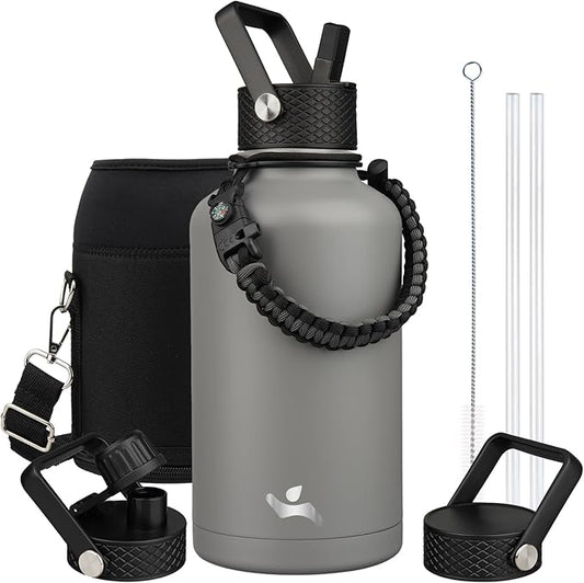 Half Gallon Insulated Water Bottle with Straw,64 oz 3 Lids Water Jug with Carrying Bag,Paracord Handle,Double Wall Vacuum Stainless Steel Metal Flask,Gray