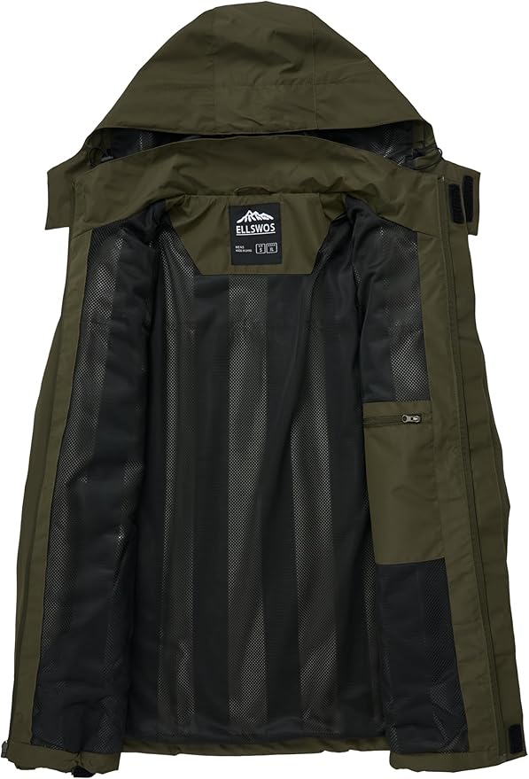 ELLSWOS Men's Waterproof Raincoat Lightweight Rain Jacket with Detachable Hood Softshell Windbreakerl for Hiking Travel