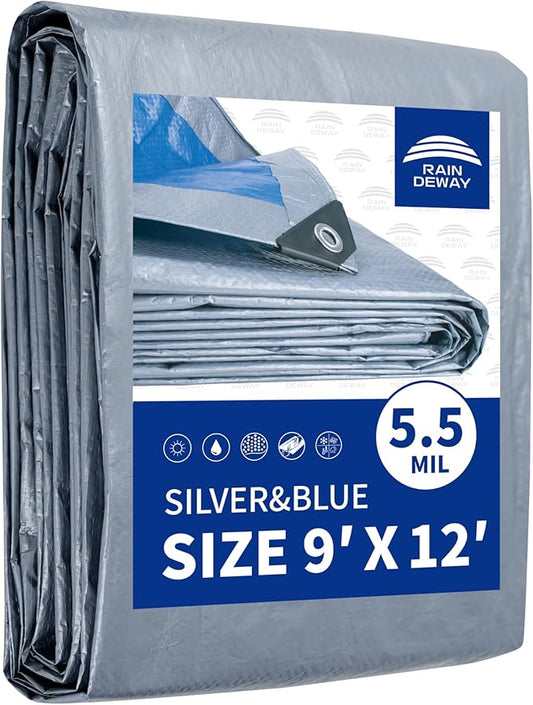 Tarps 9x12 Feet, 5.5 Mil Thick - Multipurpose Waterproof Plastic Tarp Cover with Metal Grommets and Reinforced Edges, Silver/Blue Tarp by RAINDEWAY