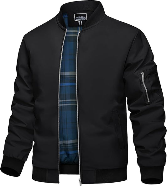 TACVASEN Mens Bomber Jacket Plaid Lined Casual Windbreaker Stylish Light Fall Spring Jackets Windproof Zip Up Coat