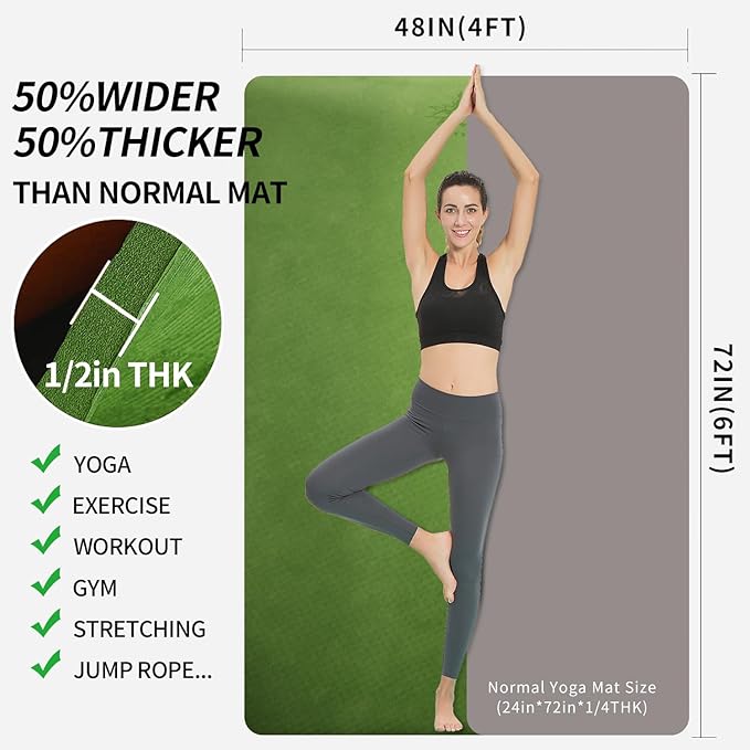 Hatha Yoga Large TPE Yoga Mat 6'x4'x1/2" Extra Thick Non-Slip Exercise Mat - for Yoga Pilates & Home Gym Workouts