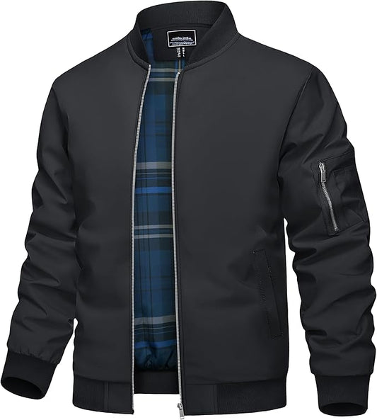 TACVASEN Mens Bomber Jacket Plaid Lined Casual Windbreaker Stylish Light Fall Spring Jackets Windproof Zip Up Coat