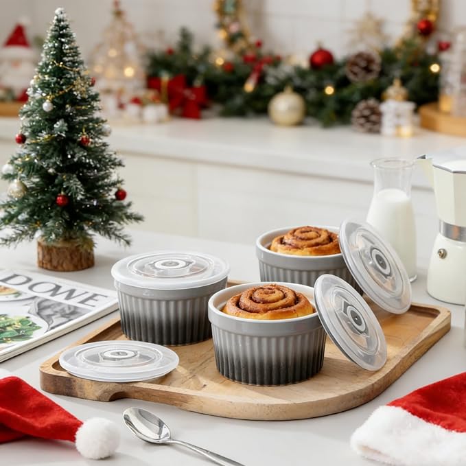 vancasso 8 oz Ramekins with Lid, Porcelain Creme Brulee Souffle Dishes, Grey Pudding Custard Cups Ramiken for Baking, Dishwasher and Oven Safe, Set of 6