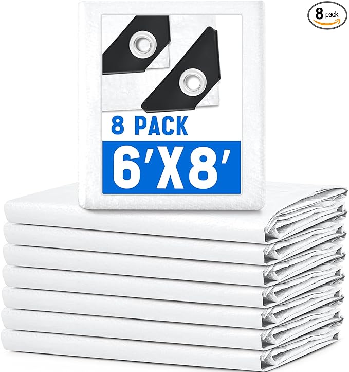 8 Pack 6 x 8 ft 5.5 Mil Large Tarps Heavy Duty Waterproof Tarp Multi Purpose Tent Cover for Home Boats Cars Camping Patio Furniture Roof Emergency Rain Protective Cover, White