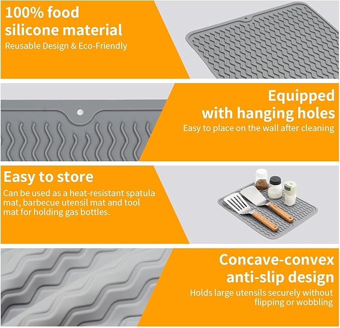Silicone Grill Mat for Blackstone, Silicone Side Shelf Tool Mat, Outdoor BBQ, with Drip Pad Kitchen Countertop Heat Resistant, Griddle Accessories (Grey)