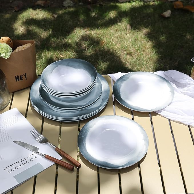 Melamine Dinnerware Sets-12 Pieces Outdoor Plates and Bowls Set for 4, Durable Dinner Plates for Camping Picnics Party, Chip Resistant Dishes, Grey Blue, Dishwasher Safe