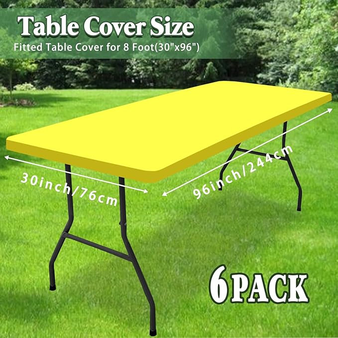 6 Pack Picnic Table Cover Fitted Tablecloths 8 Foot Rectangle Tables Elastic Waterproof Stretch Washable Patio Folding Outdoor Spandex Table Cloth for Camping Banquet and Parties (Yellow,30" x 96")