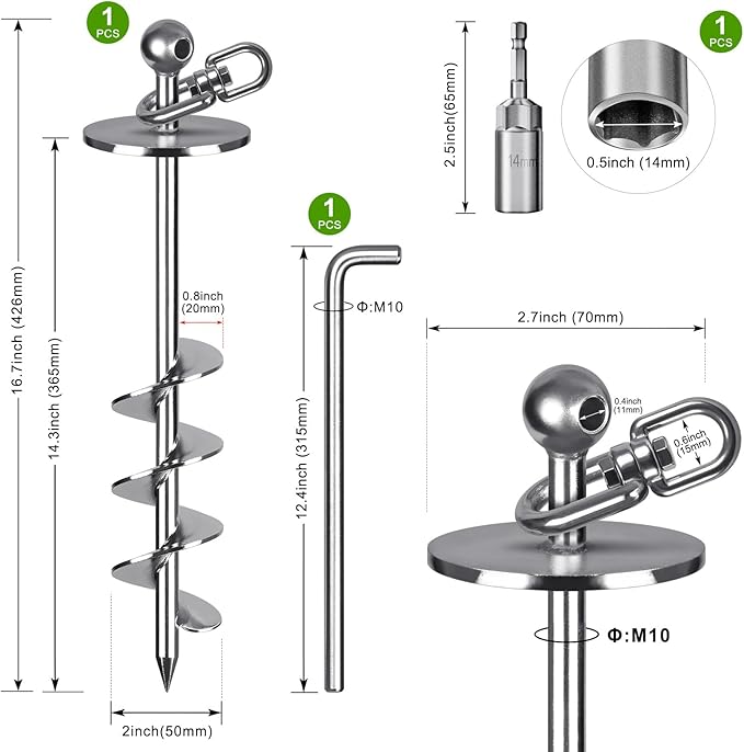 16 Inch Dog Tie Out Stake, Heavy Duty Screw in Anchor for Dogs up to 220lbs, 360° Swivel, No Tangle, Double-Sided Welded Spiral Ground Anchor for Yard, Camping, and Beach