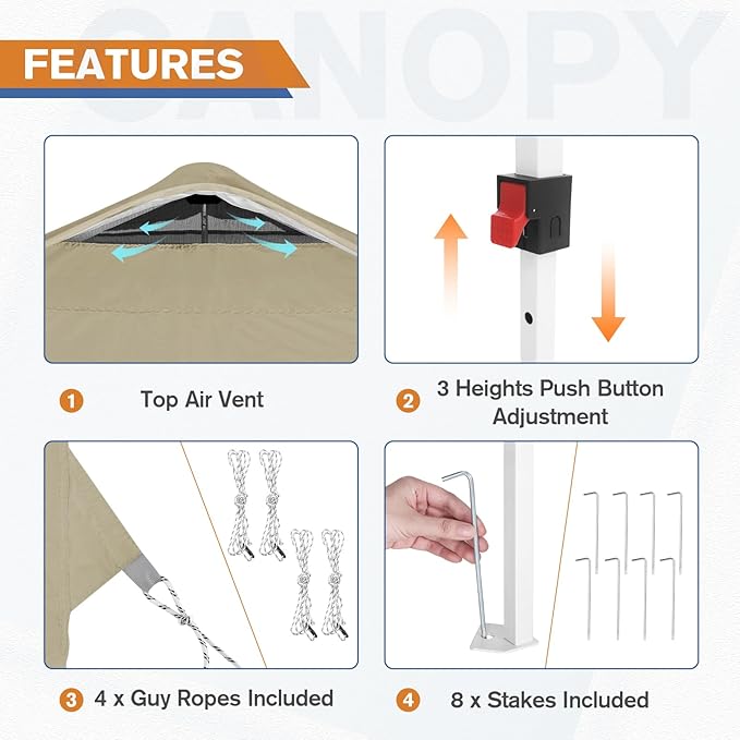 EAGLE PEAK Pop Up Canopy Tent with 1 Sidewall, Easy Setup Event Tent, Outdoor Sun Shade, Wheeled Carry Bag, Stakes and Guy Ropes, Instant Canopy 10x10, Light Beige